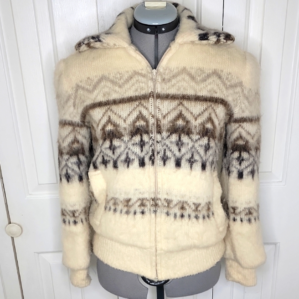 Alafoss Icewool Nordic Jacket Virgin Wool Size Small Cream and Brown Vintage
